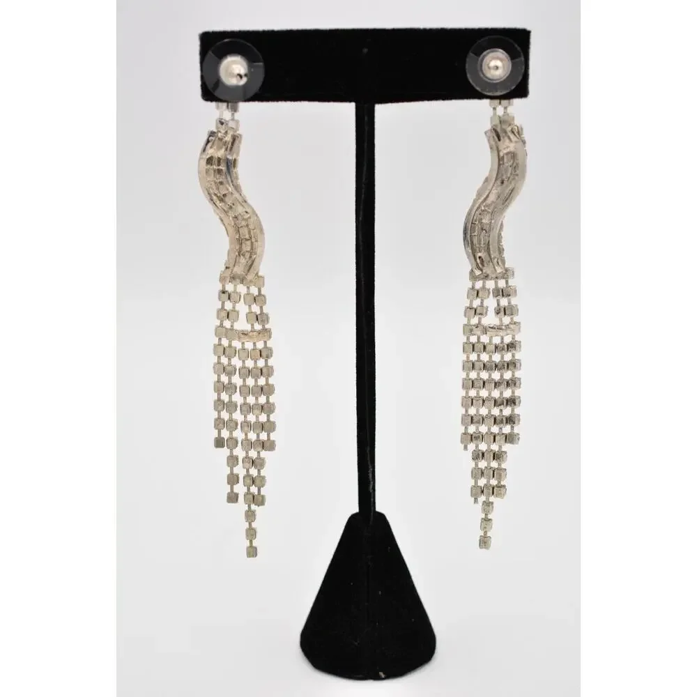 Vintage Dangle Earrings Rhinestone Crystal Fringe Chain Prong Silver 1980s 9L